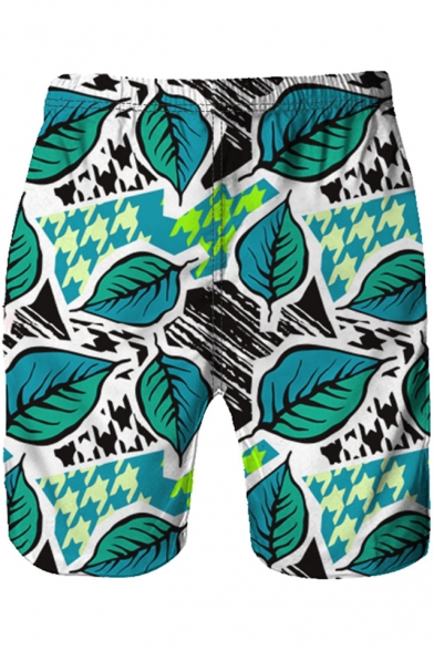 Summer Stylish Green Leaf Printed Loose Casual Beach Board Shorts Swim Trunks