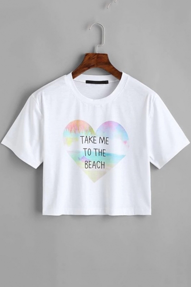 TAKE ME TO THE BEACH Letter Heart Printed Round Neck Short Sleeve White Crop Tee