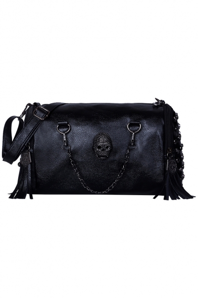 Trendy Hardware Skull Chain Rivet Embellishment Black Fringe Crossbody Bag 32*16*18 CM