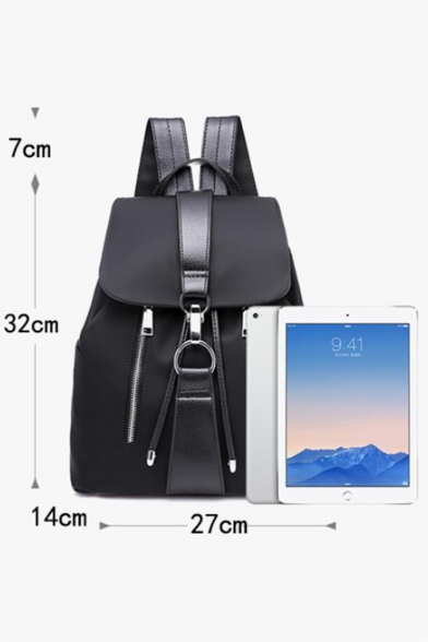 Trendy Solid Color Double Zippers Water Resistant Nylon Black Drawstring Backpack 27*14*32 CM