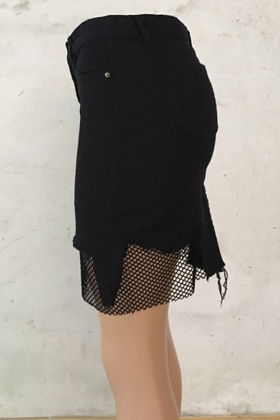 Unique Fashion Irregular Fishnet Mesh Patched Black Mini Denim Skirt