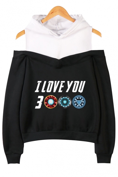 Unique Funny Letter I Love You 3000 Fake Two-Piece Cold Shoulder Long Sleeve Pullover Hoodie
