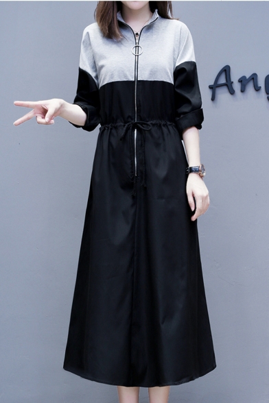 Women's Casual Collared Long Sleeve Color Block Zip Front Drawstring Waist Maxi Black Sweatshirt Dress