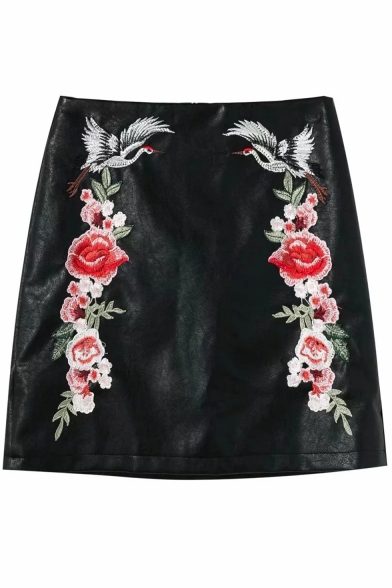 Women's Chic Floral Embroidery High Rise Black Mini PU Skirt