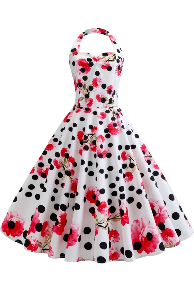 Women's Classic Fashion Polka Dot Floral Printed Halter Sleeveless Midi A-Line Swing White Dress