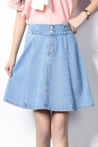 Women's Fashion Elastic Waist Double Button Front High Rise Summer Mini A-Line Denim Skirt