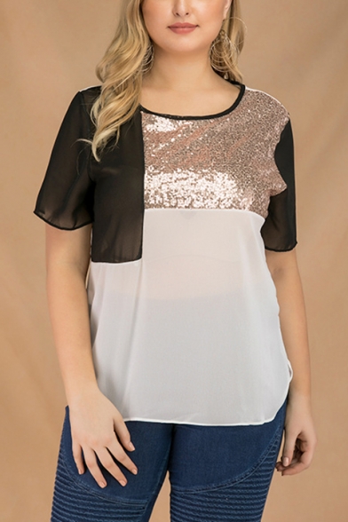Women's Fashionable Color Block Sequin-Embellished Patch Short Sleeves Round Neck Chiffon Tee