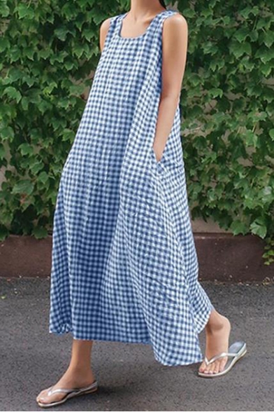 Women's Hot Fashion Plaids Print Scoop Neck Sleeveless Loose Maxi Dress With Pockets