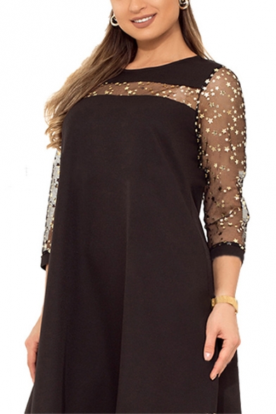 Women's Hot Fashion Round Neck 3/4 Sleeve Sequinned Stars Print Mesh Midi Plus Size Swing Dress
