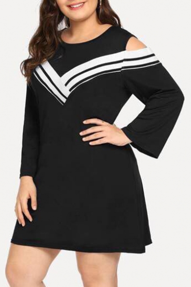 Women's Hot Fashion Round Neck Cut Out Long Sleeve Stripes Print Mini A-Line Black Dress