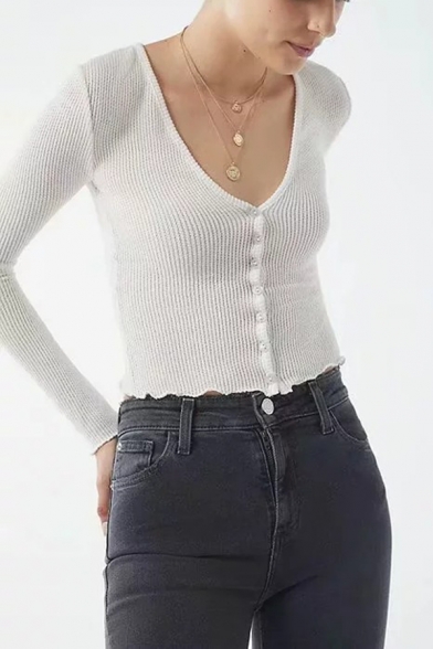 Women's Hot Fashion V-Neck Long Sleeve Button Front Plain Slim Cropped T-Shirt
