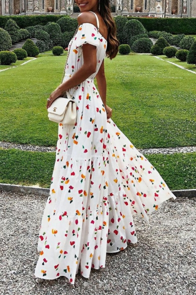 Women's Hot Fashion White Floral Print Off The Shoulder Short Sleeve Maxi Holiday Dress