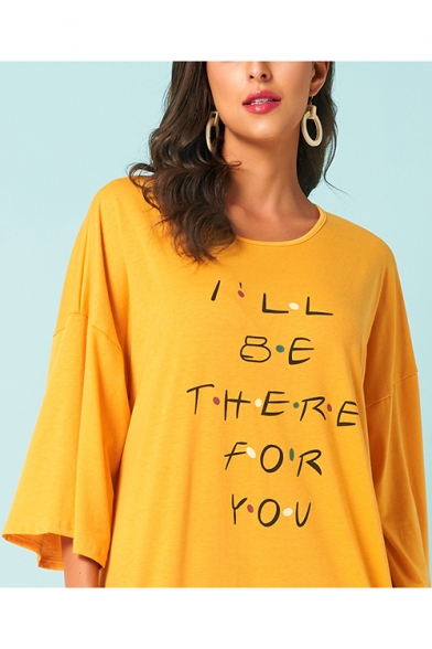 Women's Lovely Ginger I'LL BE THERE FOR YOU Letter Printed Round Neck Long Sleeve Ruffle Detail Maxi Jersey T-Shirt Dress