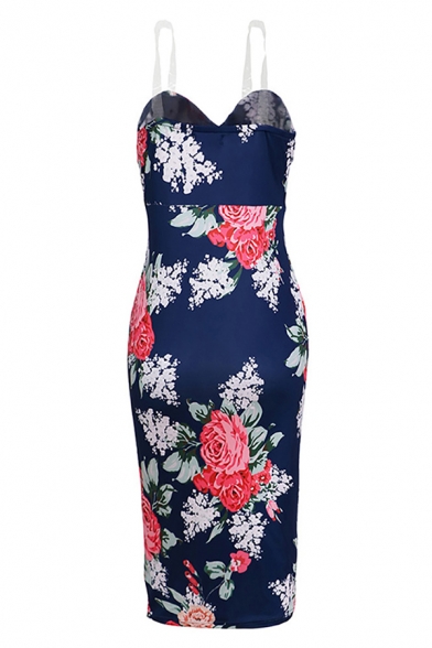 Women's New Stylish V-Neck Sleeveless Floral Print Sheath Midi Bodycon Dress