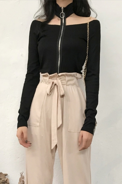 Women's Sexy Halter Long Sleeve Simple Plain Zip Front Slim Linen Tee