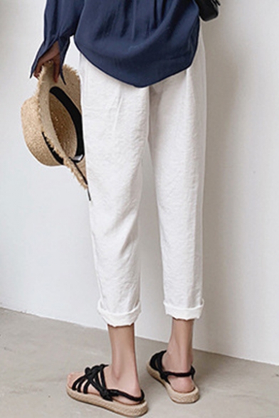 Womens Basic Simple Solid Color Rolled Cuff Casual Loose Tapered Pants Trousers