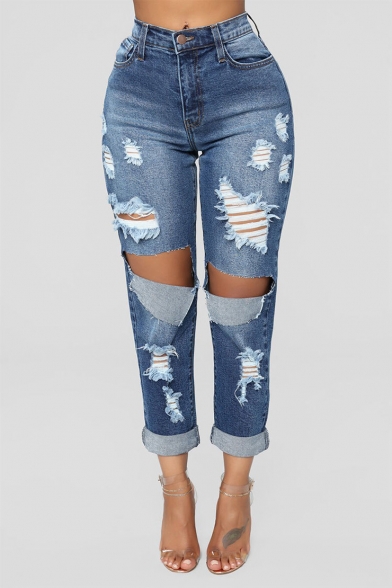 Womens Hot Fashion Distressed Ripped Hole Design Light Blue Slim Fit Denim Jeans