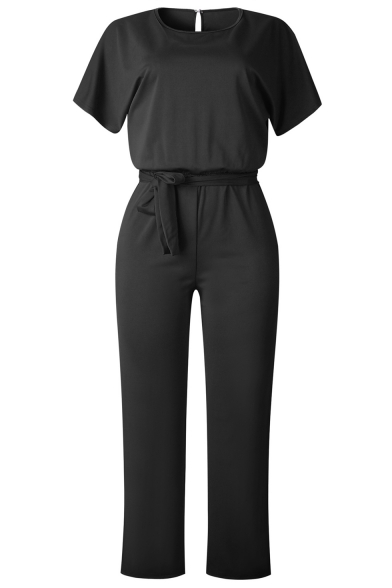Womens New Stylish Solid Color Short Sleeve Tied Waist Casual Jumpsuits