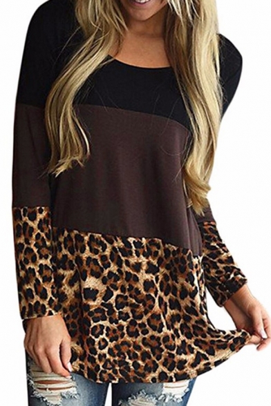 Womens New Trendy Colorblock Leopard Printed Lace Panel Back Long Sleeve Loose Casual Tee