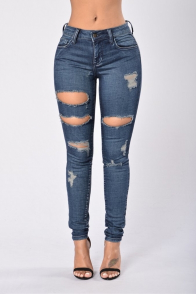 Womens New Trendy Dark Blue Distressed Cutout Ripped Skinny Fit Jeans