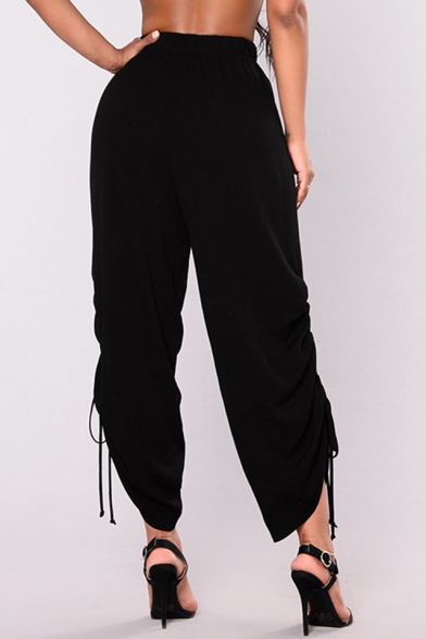 Womens New Trendy Solid Color Elastic Waist Drawstring Side Cropped Casual Pants