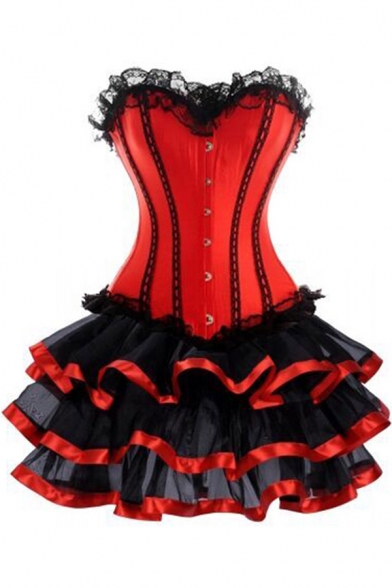 Womens Red Vintage Gothic Steampunk Style Lace Trim Corset Bodyshaper Layer Ruffled Mini Dress