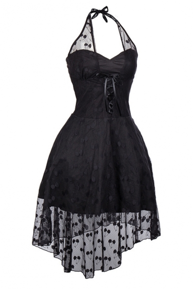 Womens Simple Halter Neck Open Back Lace-Up Front High Low Little Black Dress Prom Dress