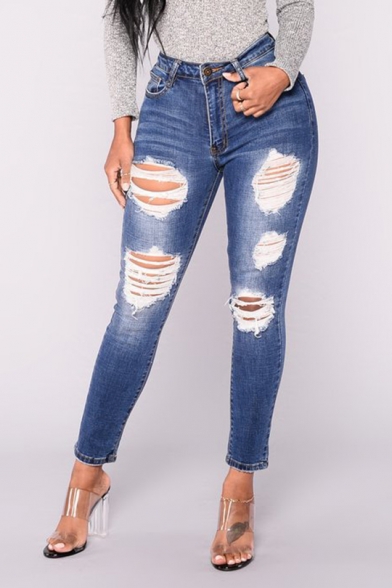 Womens Stylish High Rise Fashion Destroyed Ripped Blue Slim Fit Jeans
