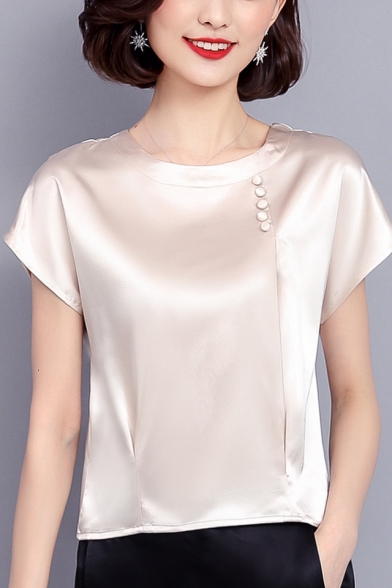 Womens Summer Chic Solid Color Round Neck Short Sleeve Button Embellished Silk Blouse
