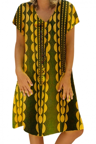 Womens Summer Fashionable Printed V-Neck Short Sleeve Midi Casual Dress