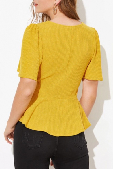 Womens Summer Hot Fashion Yellow Solid Color V-Neck Cropped Slim Fit Knit T-Shirt