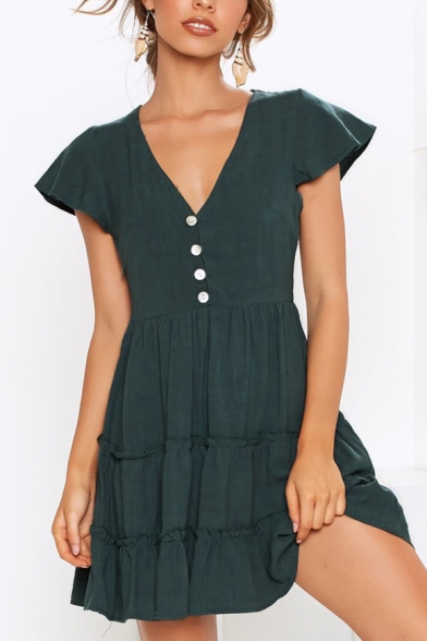 Womens Summer Sweet Solid Color Green Ruffled Hem V-Neck Button Front Mini A-Line Dress