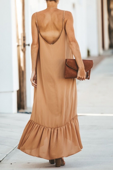Womens Summer Unique Stringy Selvedge Maxi Casual Loose Cami Dress