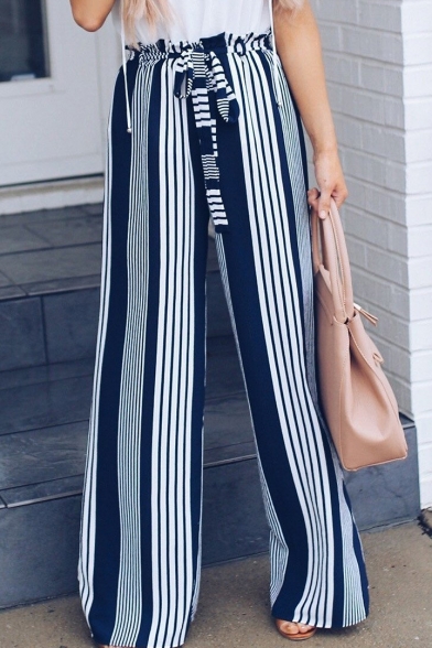 Womens Trendy Vertical Stripe Printed Tie Front High Waist Casual Wide Leg Pants