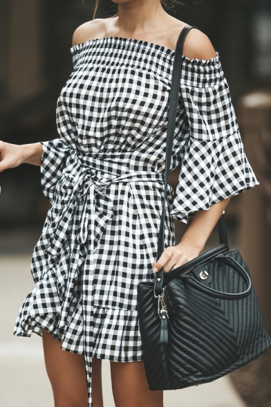 Classic Black and White Plaid Printed Off the Shoulder Tied Waist Mini Ruffled Dress