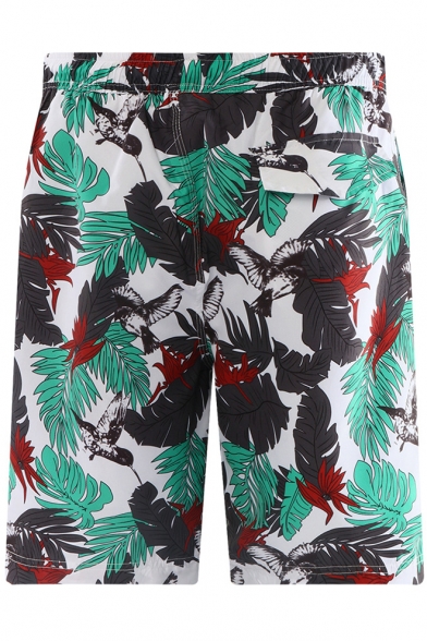 Cool Drawstring Men's Tropical Leaf Print Swim Shorts Trunks with Mesh Lining