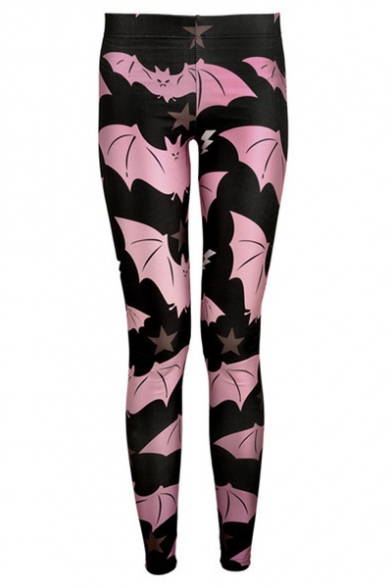 Fashion Allover Cartoon Bat Printed Womens Skinny Fit Black Leggings