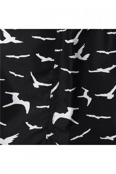 Fashion Allover Sea Gull Pattern Drawstring Waist Surfing Shorts Black Swim Trunks