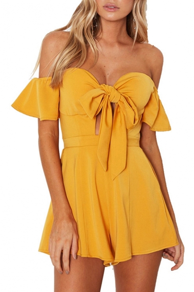 Fashion Bow Tied Cutout Front Off the Shoulder Ruffle Sleeve Solid Color Rompers