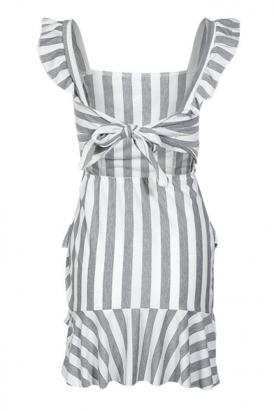 Fashion Grey and White Stripe Printed Ruffled Hem Mini Dress for Women