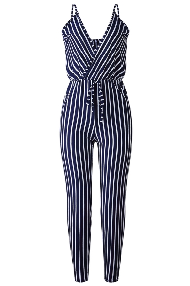 Fashion Navy Striped Printed V-Neck Straps Bow-Tied Waist Slim Fit Pants Jumpsuits For Women
