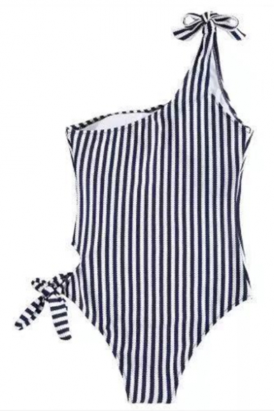 Fashionable One Shoulder Striped Print Tied Side Colorblocked One Pieces Swimwear