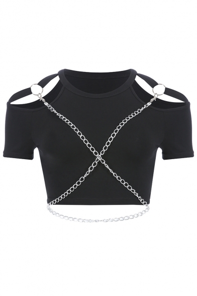 Girls Gothic Punk Sttyle Cool Chain Embellished Cutout Short Sleeve Cropped Black T-Shirt