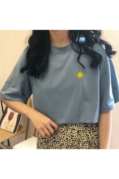 Girls Summer Cute Cartoon Moon Sun Embroidery Round Neck Loose Fit T-Shirt