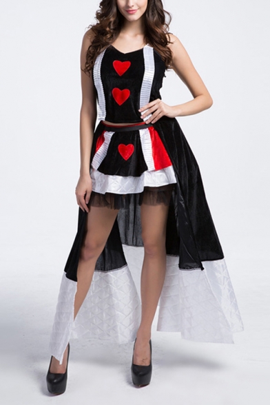 

Halloween Queen Cosplay Costume Funny Poker Card Printed High Low Hem Two-Piece Set in Black, LM520979