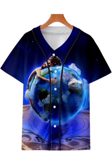Hot Fashion Blue Earth Printed V-Neck Short Sleeve Button Front Casual Baseball Shirt