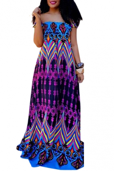 Hot Fashion Geometric Print Off The Shoulder Short Sleeve Maxi Floor Length Dress