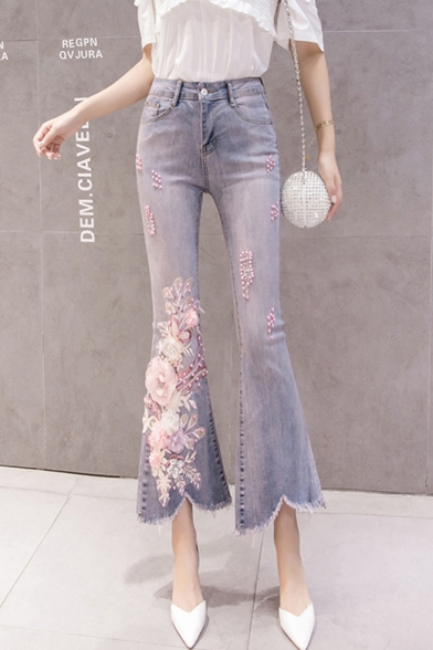 Light Blue Chic Floral Embroidery Beading Embellished Womens Fitted Flare Jeans