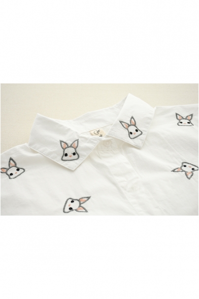 Lovely Allover Cartoon Rabbit Embroidery Long Sleeve Relaxed White Shirt