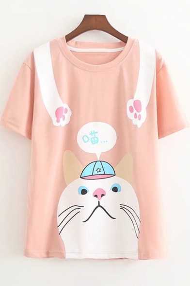 Lovely Cartoon Cat Printed Girls Simple Round Neck Short Sleeve T-Shirt